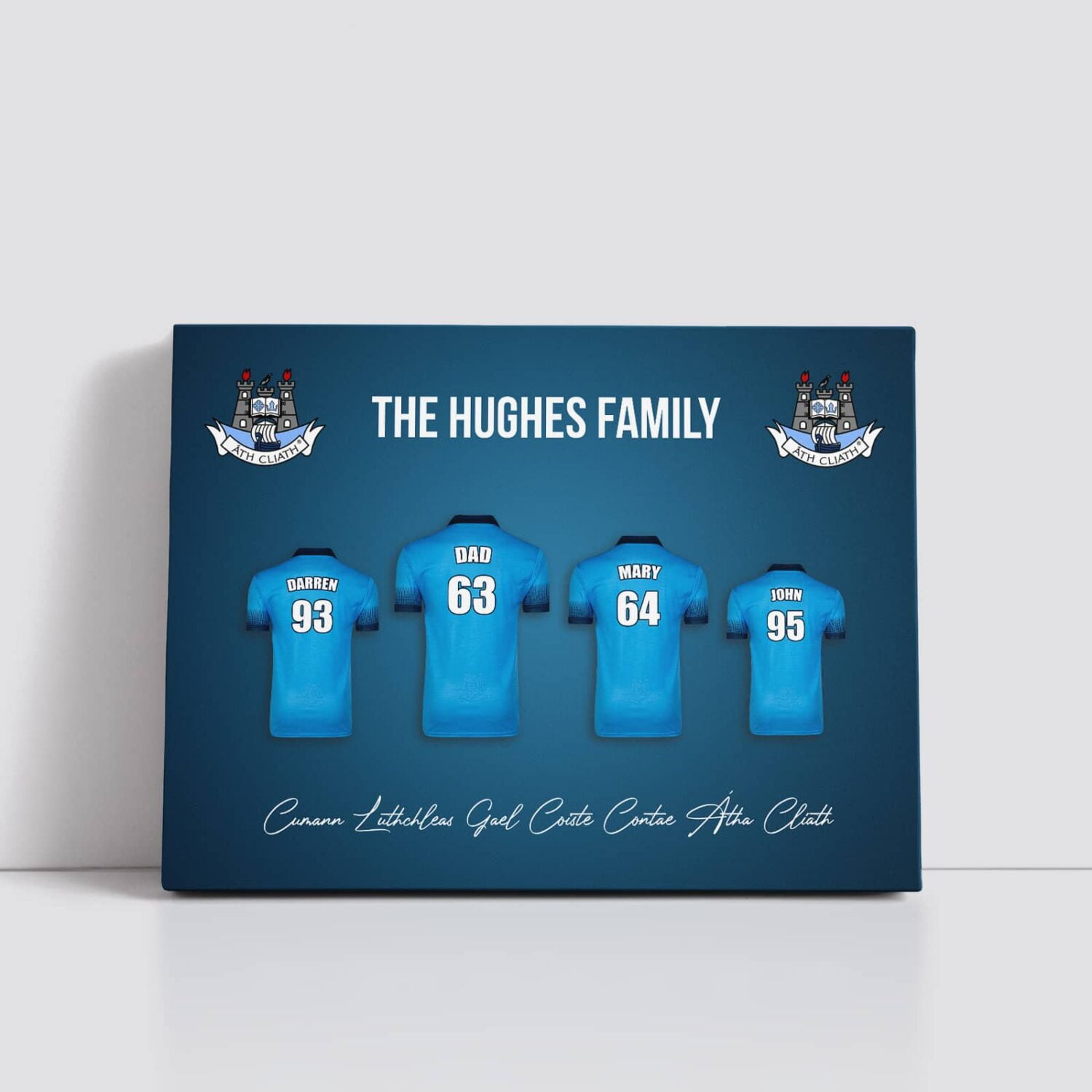 Personalised Jersey Print with each family members name on the back of the jersey and their birth year.