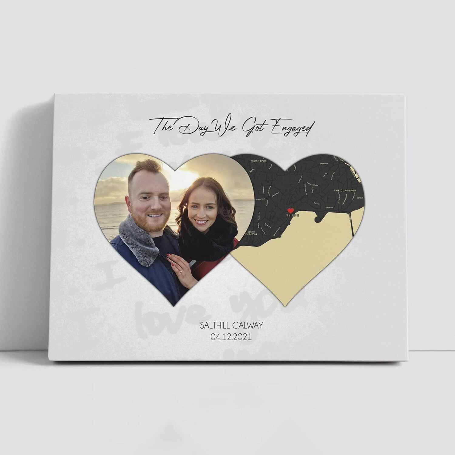 The Day We Got Engaged is a personalised canvas that features one photo of the loving couple and one photo map of the location of the engagement.