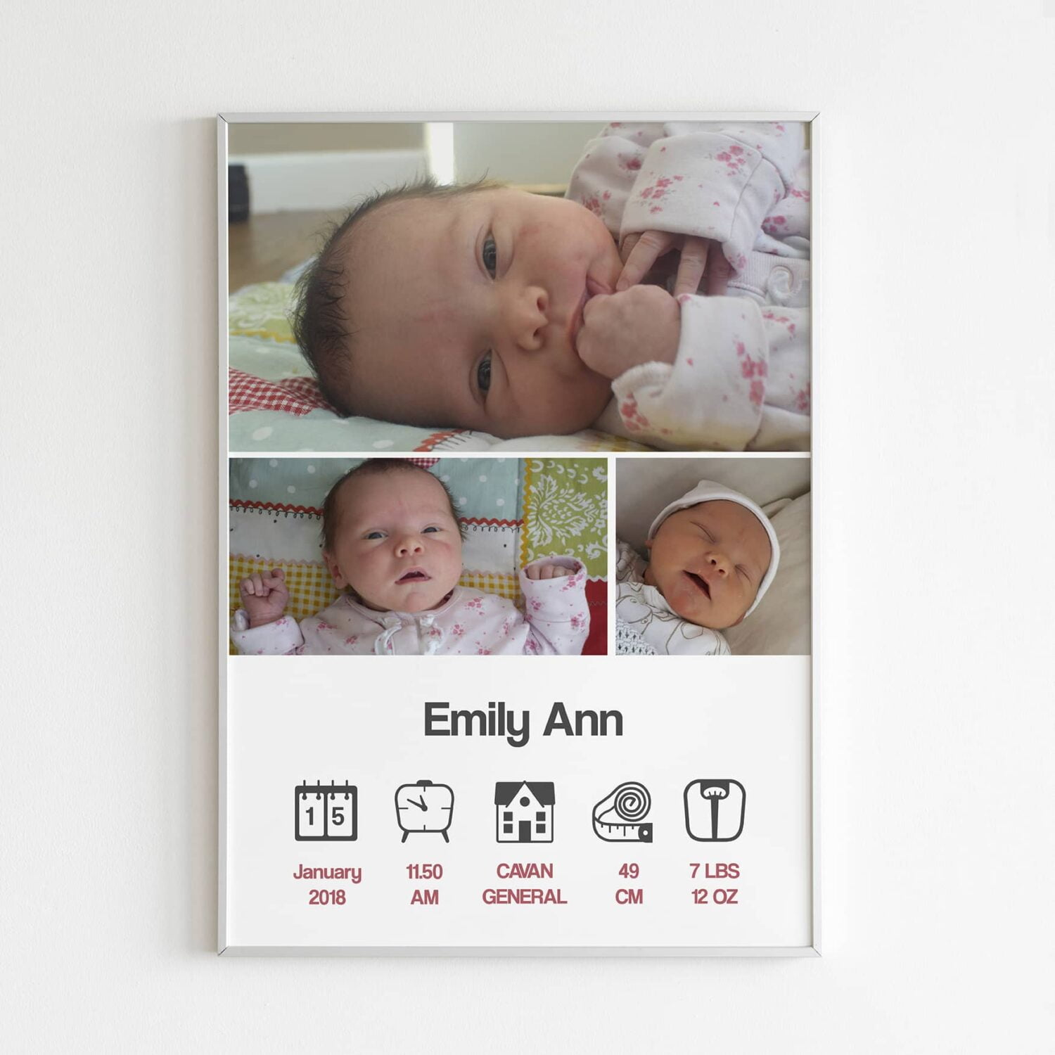 Personalised print that features three photos of your baby along with all the birth details