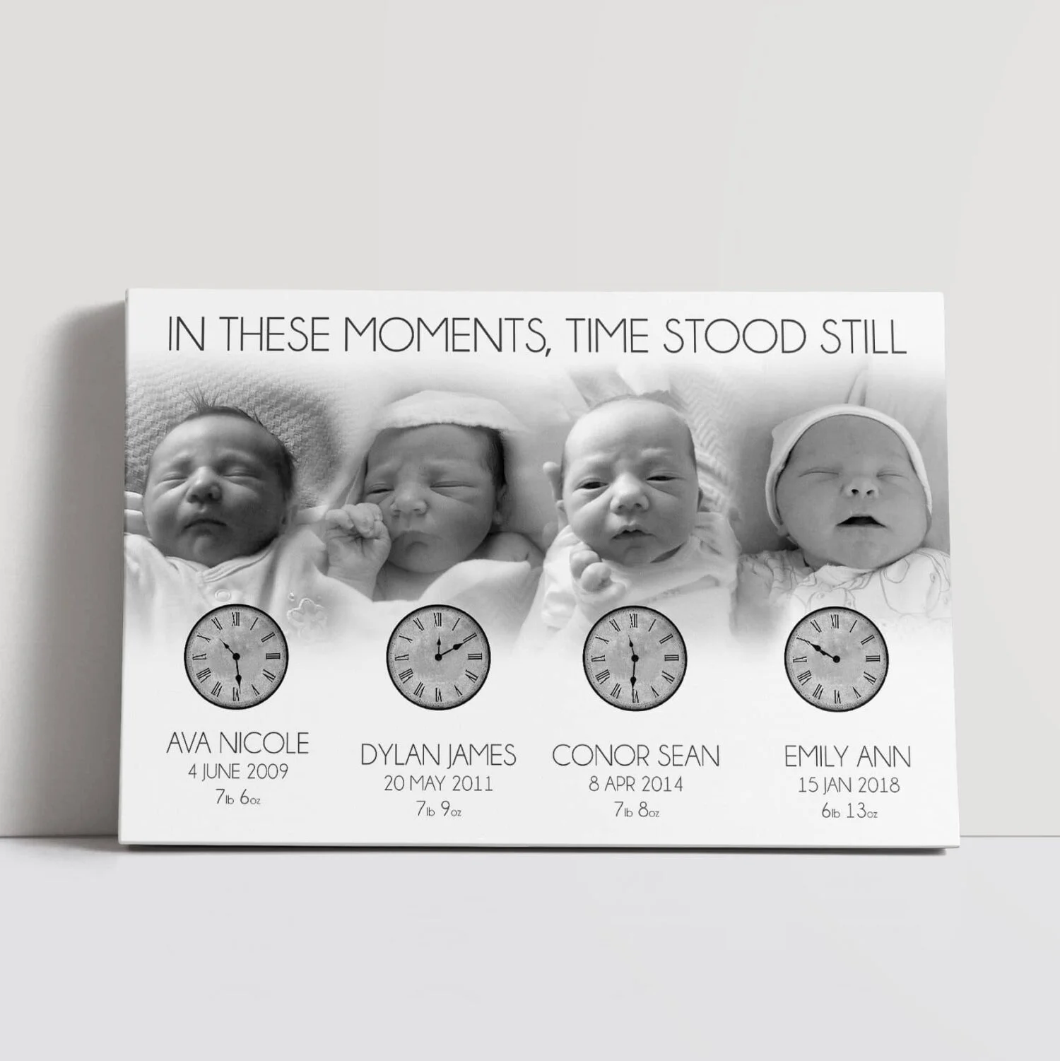 In These Moments is a personalised canvas or poster that features each of your children along with a clock to show there time of birth, their date of birth and their birth weight.