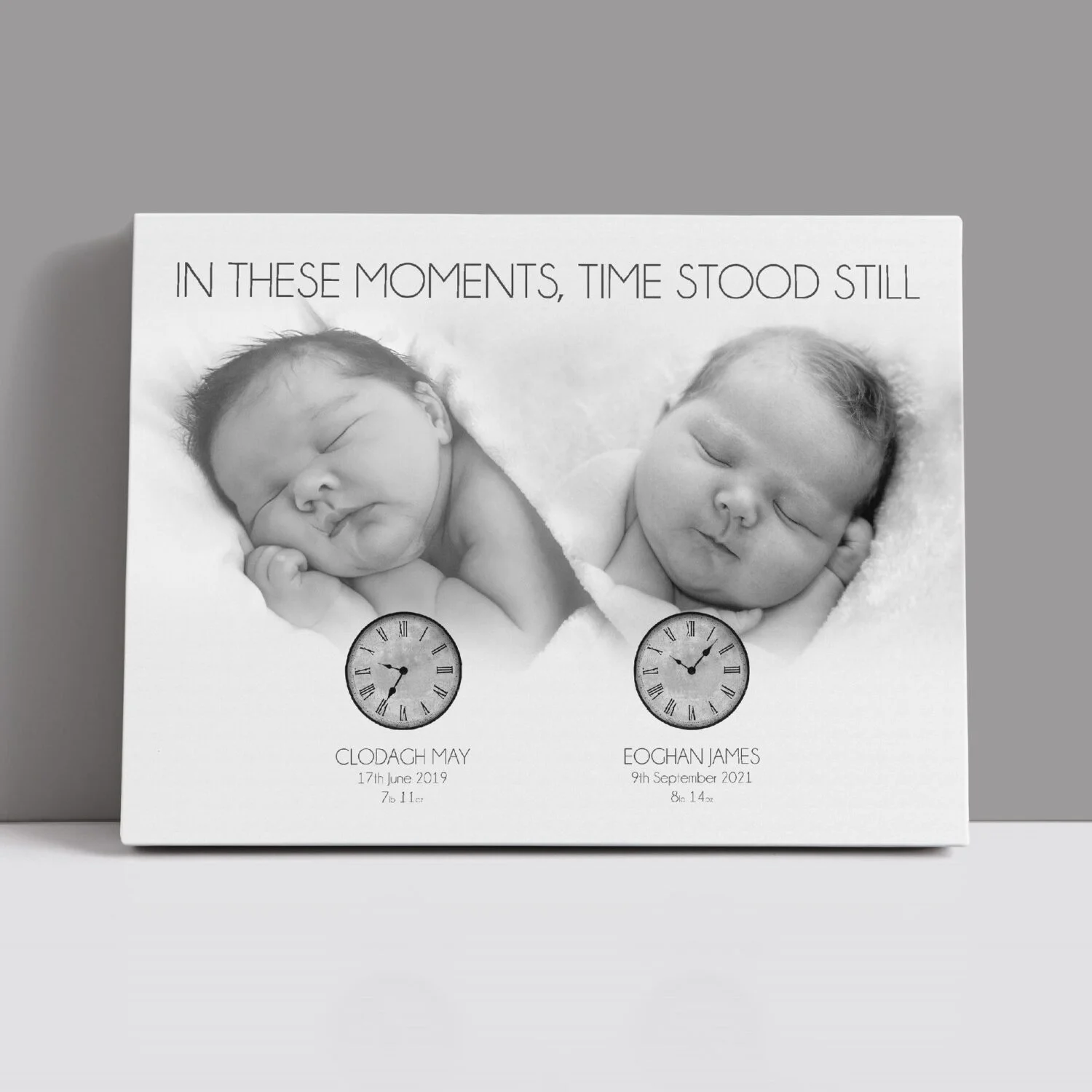 Personalised Time Stood Still Canvas with two babies