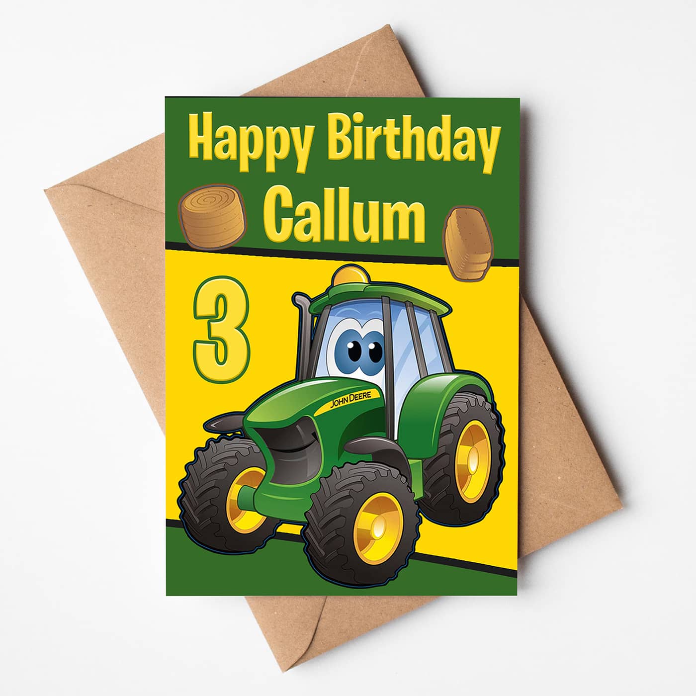 Colourful birthday card featuring the John Deere tractor "Johnny Tractor"