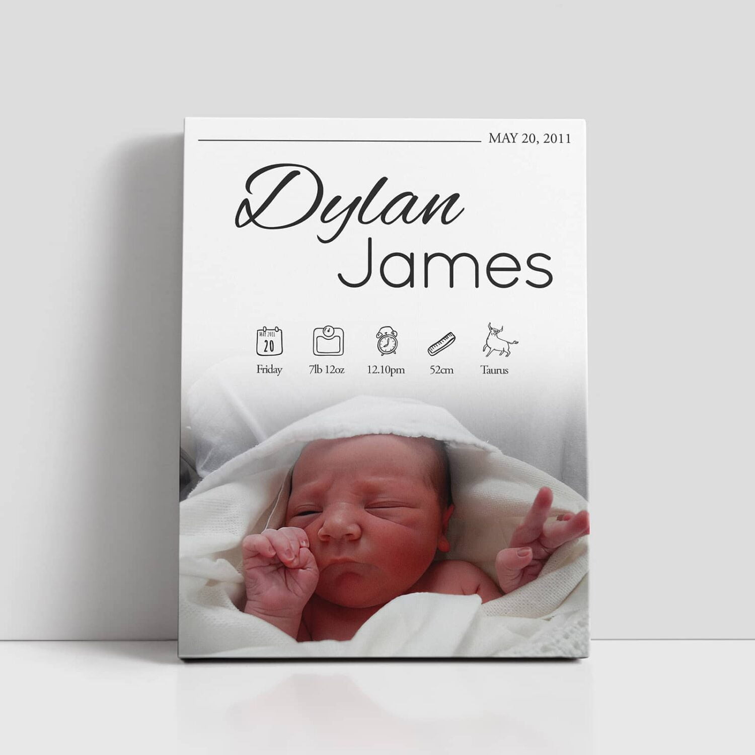 Personalised Newborn poster that features a photo of the baby as well as the time of birth, birth weight, time and birth date. Printing in County Monaghan, Ireland by Design Gaff