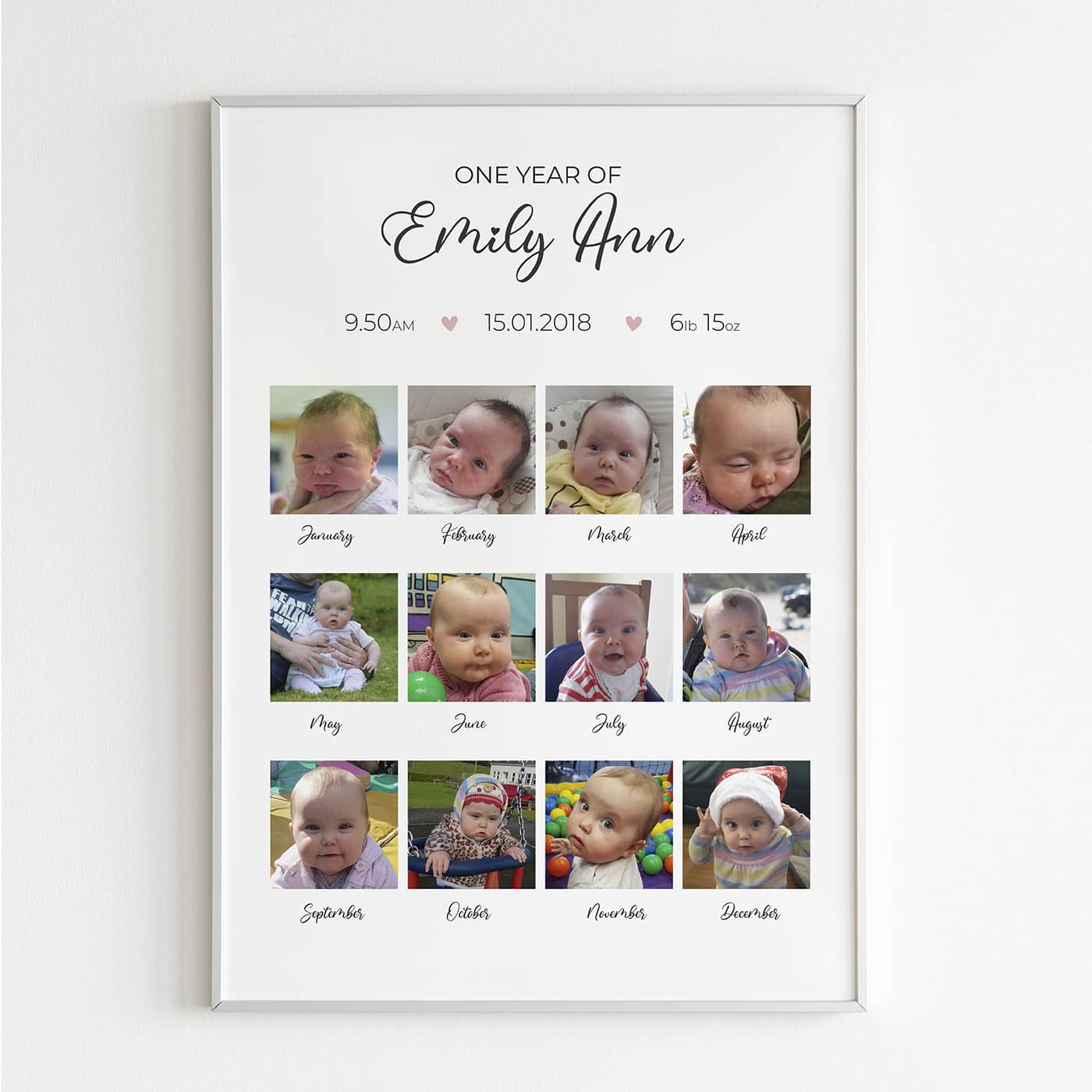 Baby's first year photo collage poster, printed in County Monaghan, Ireland by Design Gaff