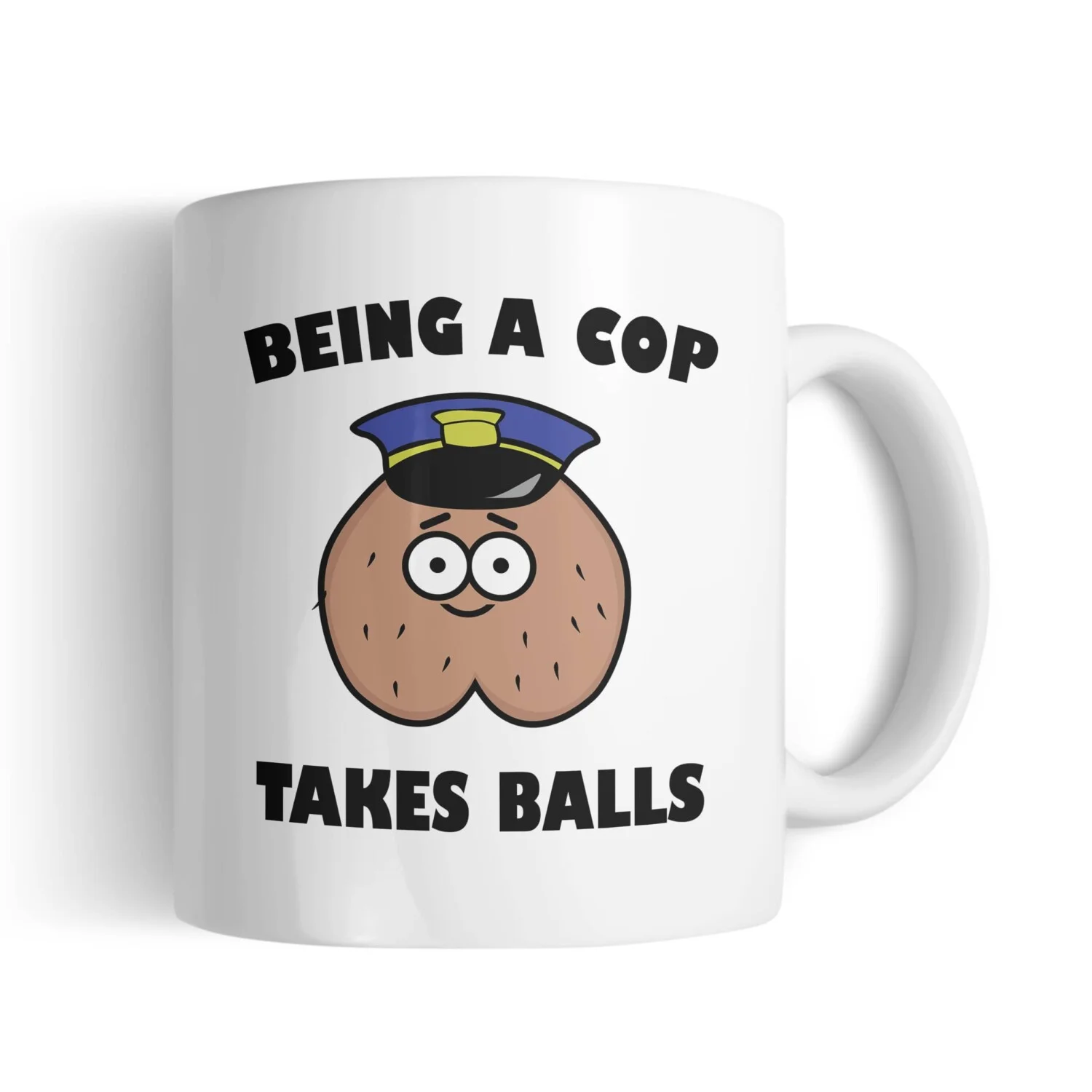 Cop Balls is a mug with the quote, Being a Cop takes balls, Printing in County Monaghan, Ireland by Design Gaff