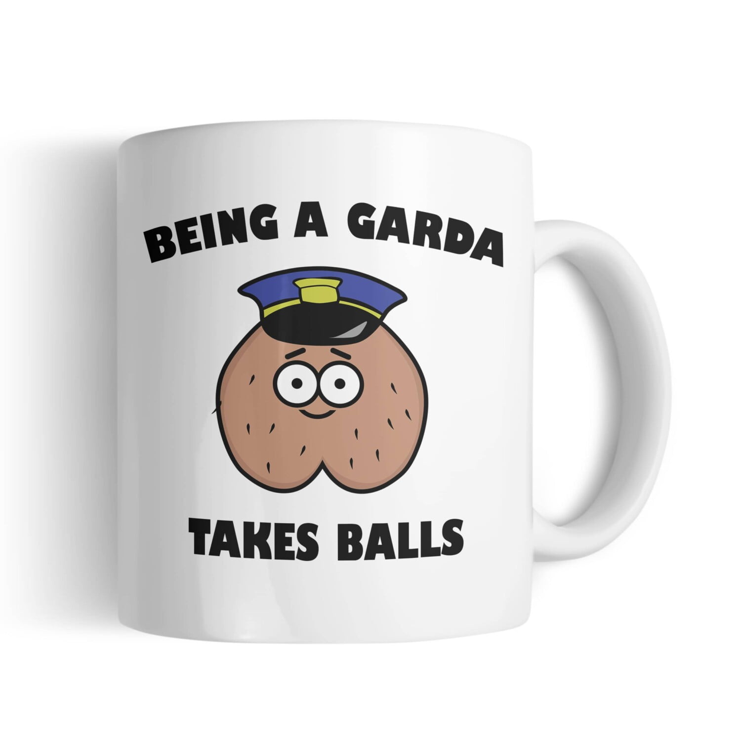 Cop Balls is a mug with the quote, Being a Garda takes balls, Printing in County Monaghan, Ireland by Design Gaff