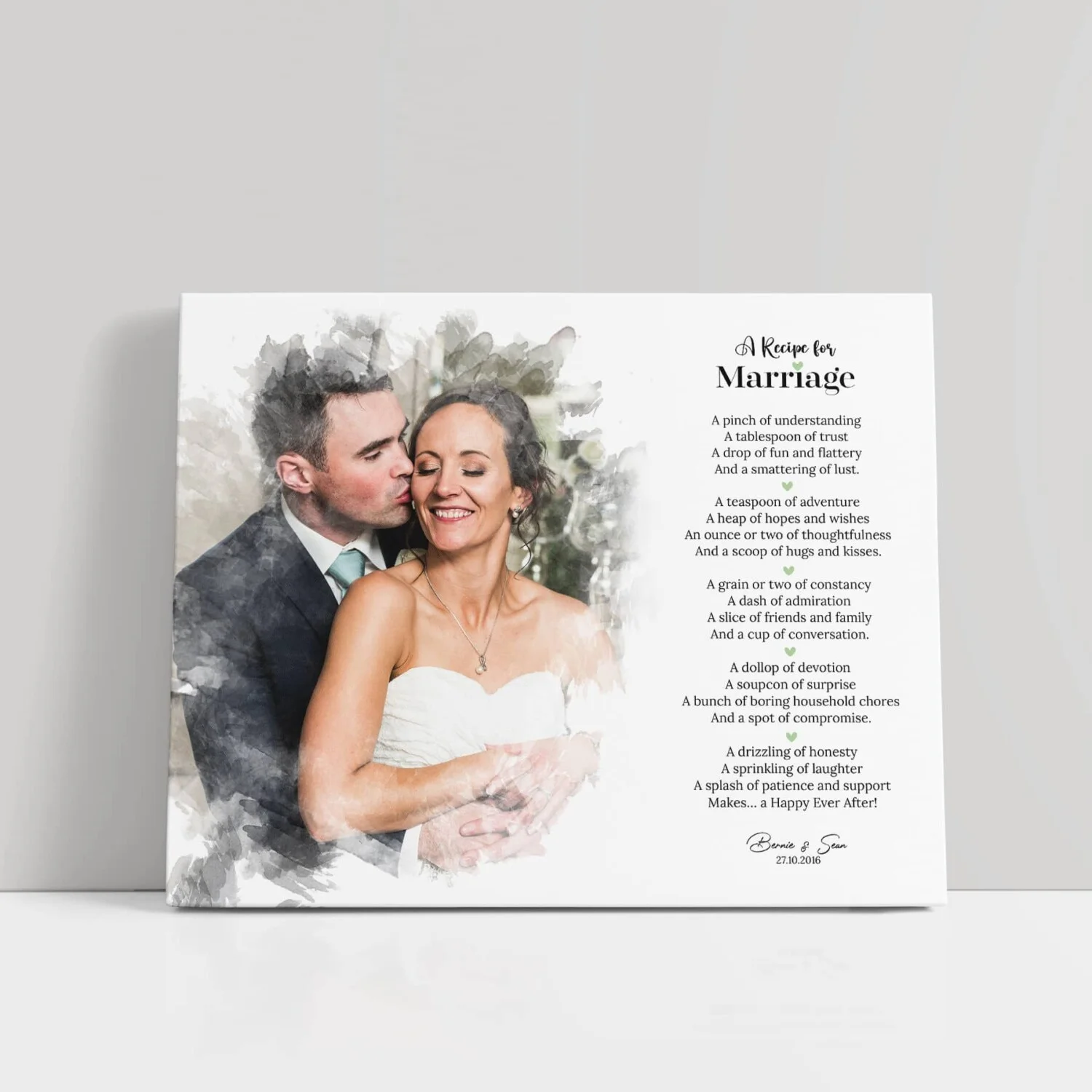 The Marriage Poem is a personalised wall art that features an image of the married couple and the poem "A Recipe for Marriage.". Printing in County Monaghan, Ireland by Design Gaff