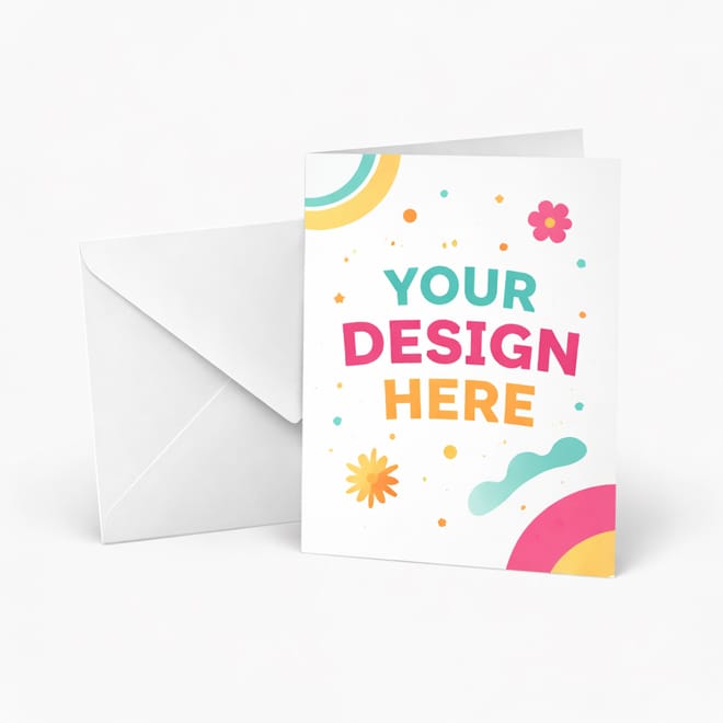Greeting cards printing Monaghan mockup showing personalised greeting card with white envelope on clean white background by Design Gaff